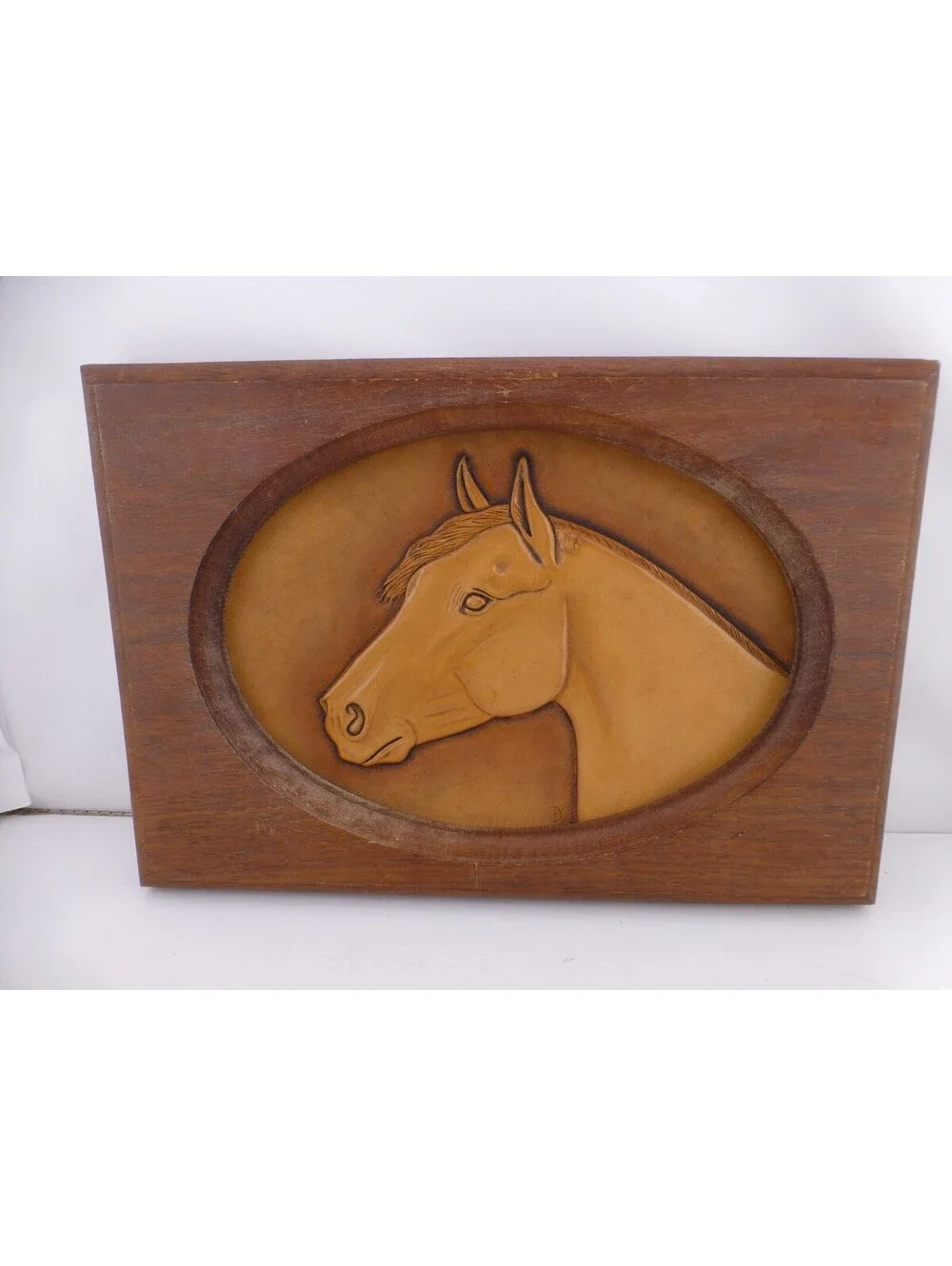 Vintage Handmade Leather Horse Head Carving Wall Art Wood Frame Equestrian B7